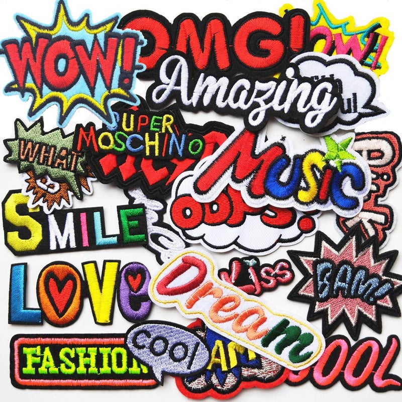 Mo Sheng Accessory 22pcs DIY Word Patches Embroidery Mix Patterns Iron On/Sew On Applique for Clothes Backpacks T-Shirt Jeans Skirt Vests Scarf Hat Bag (Style 10) - Image 1